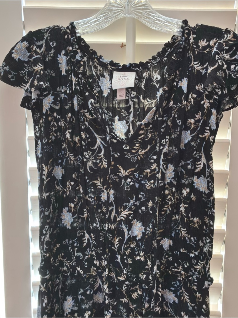 Knox Rose Black Floral Smocked Waist Handkerchief Hem Midi Dress Size L - Picture 3 of 11